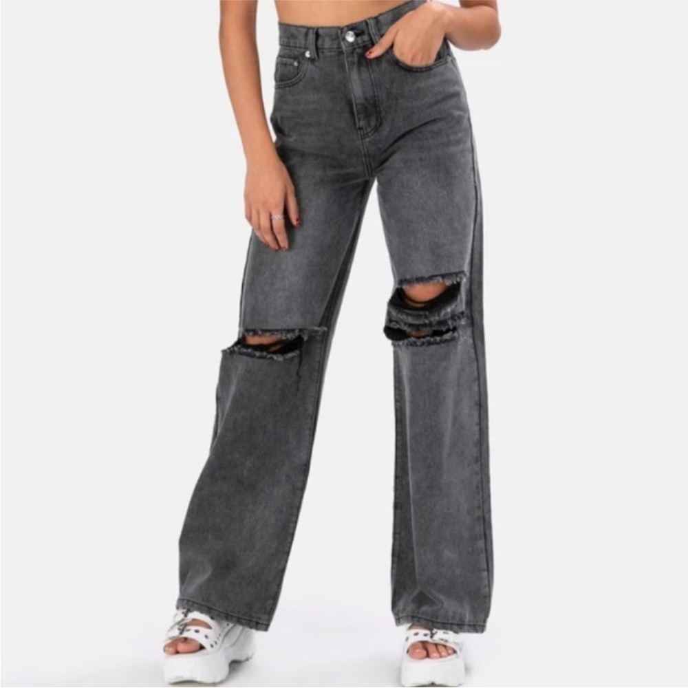 NEW Adika Blaine Jeans XS Grey Wide Leg Distressed Ripped Knees Pockets Zip-Up
